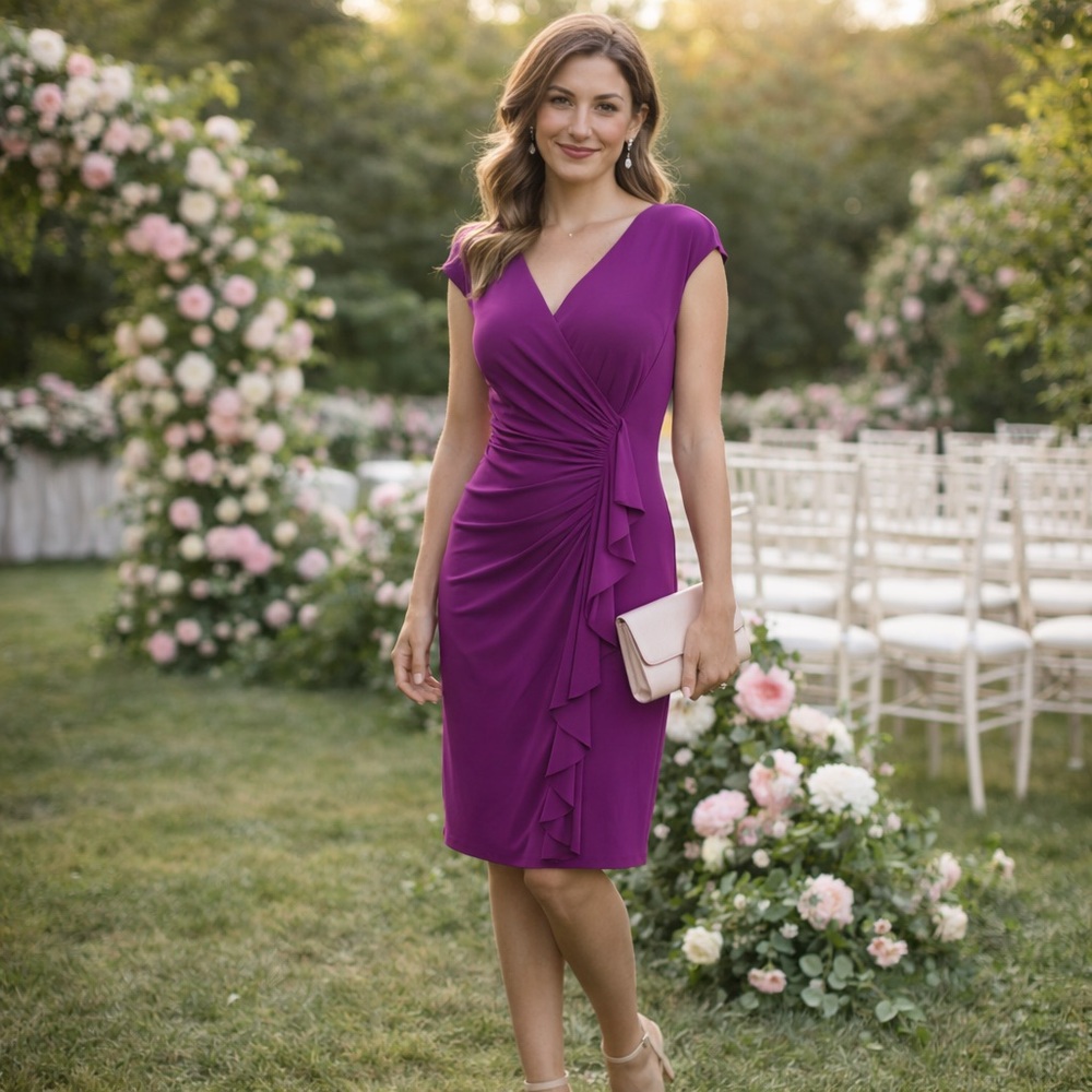 American Living Ruched Wrap Dress Purple Magenta Ruffle Size 6 Elegant Sheath